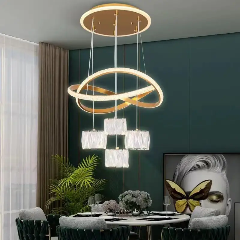 LED Ring Chandelier Pendant Light Lamp Dining Room Living Ring Dimmable – Golden crystal, Tricolor light