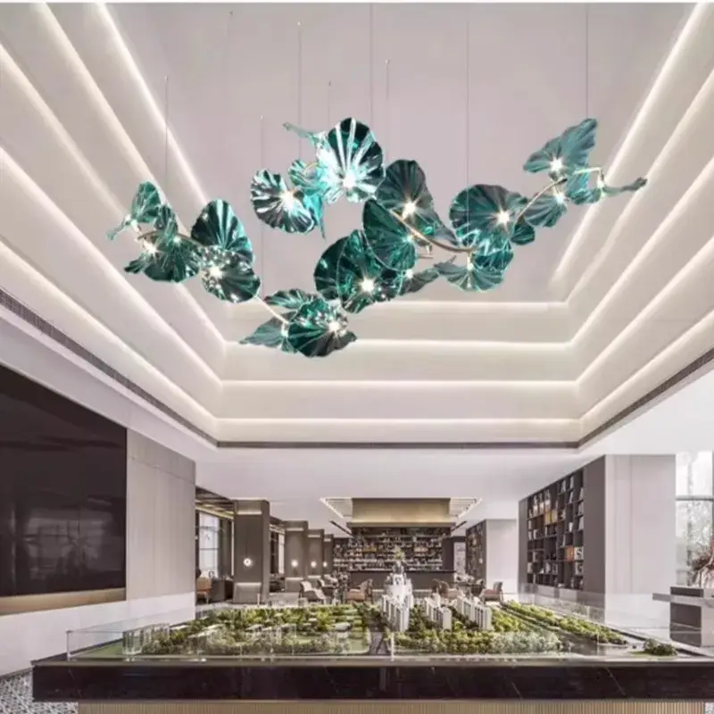 Green Glass Leaf Crystal Hanging Chandelier For Hotel Lobby